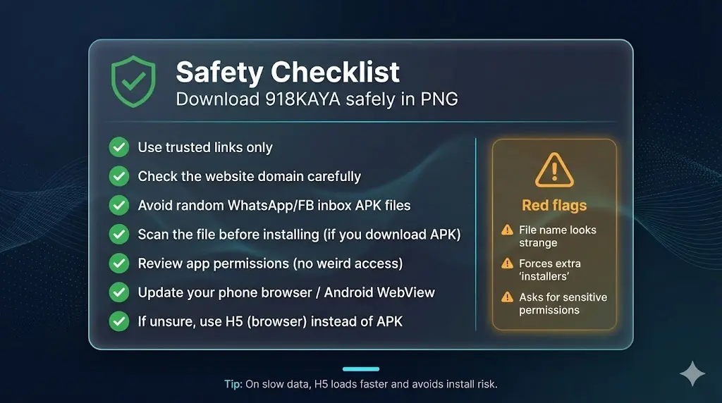 Safety checklist for downloading 918KAYA safely in PNG - avoid fake APK links and scams
