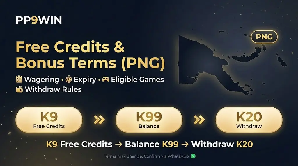 PP9WIN free credits and bonus terms in PNG with K9 K99 and K20 withdraw rule